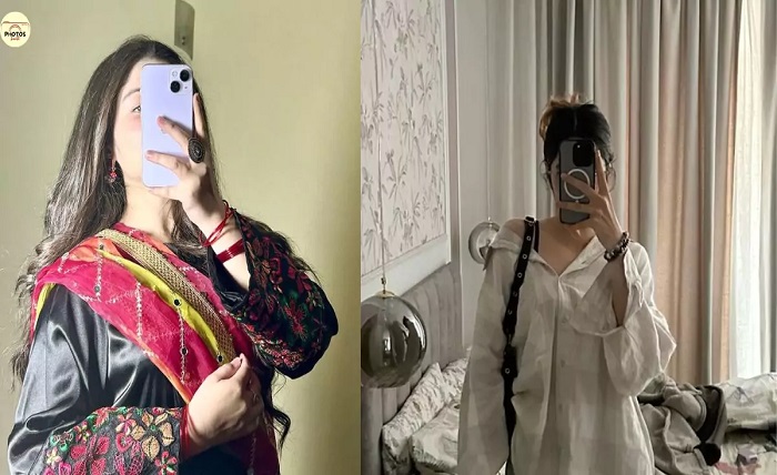 girl poses stylish mirror selfie dp