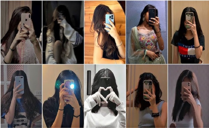 girl poses stylish mirror selfie dp